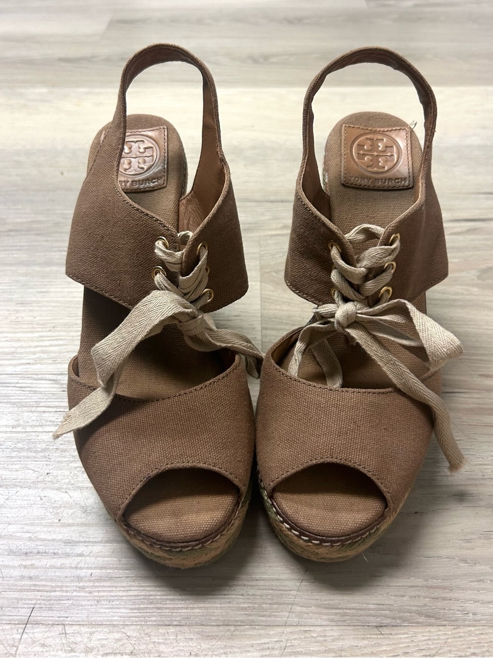 Tory Burch Wedge Sandals Womens 9M Linley Espadrille Platform Tan Olive Lace Up - Picture 10 of 14